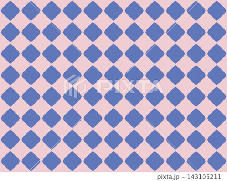 Seamless geometric pattern with blue wavy diamond shapes on pastel pink background. Vintage textile vector illustration for fabric print, wrapping paper, tile texture, backdrop, cute retro wallpaper. Seamless geometric pattern with blue wavy diamond shapes on pastel pink background. Vintage textile vector illustration for fabric print, wrapping paper, tile texture, backdrop, cute retro wallpaper. 143105211