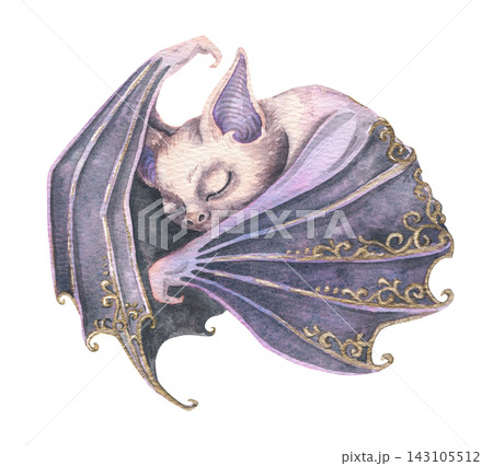Cute sleeping bat illustration. Watercolor hand drawn purple animal with golden magic decor in gothic halloween style. Cartoon design for party invitation card. Fantasy artwork for witch decoration. Cute sleeping bat illustration. Watercolor hand drawn purple animal with golden magic decor in gothic halloween style. Cartoon design for party invitation card. Fantasy artwork for witch decoration. 143105512