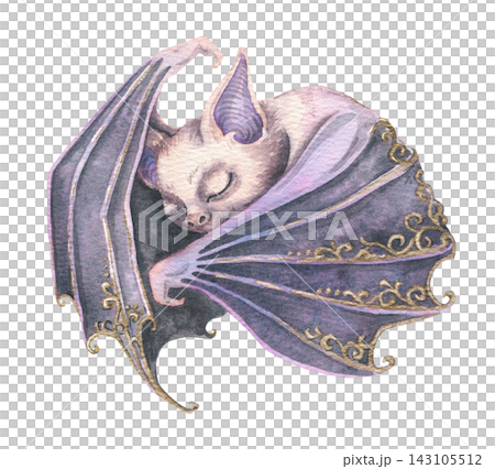 Cute sleeping bat illustration. Watercolor hand drawn purple animal with golden magic decor in gothic halloween style. Cartoon design for party invitation card. Fantasy artwork for witch decoration. Cute sleeping bat illustration. Watercolor hand drawn purple animal with golden magic decor in gothic halloween style. Cartoon design for party invitation card. Fantasy artwork for witch decoration. 143105512