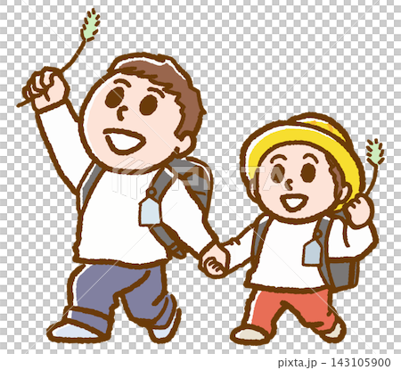 Two elementary school boys with backpacks on their backs, heading to school. Two elementary school boys with backpacks on their backs, heading to school. 143105900