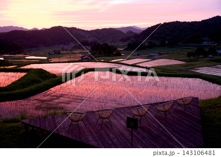 つなぐ棚田遺産比和三河内の棚田 春 田植え後の水田 三河内棚田テラス夕景 つなぐ棚田遺産比和三河内の棚田 春 田植え後の水田 三河内棚田テラス夕景 143106481