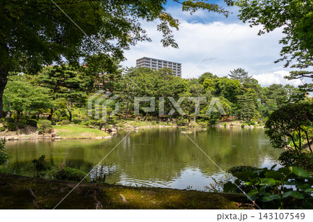 Traditional Shukkei-en Japanese garden with pond in Hiroshima, Japan 143107549