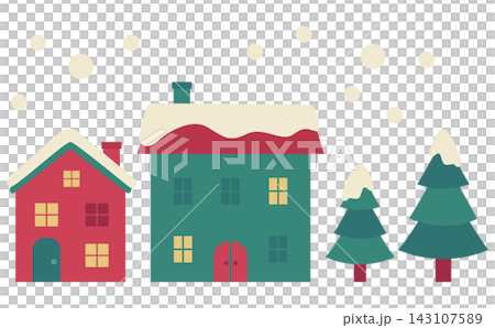 雪の降り積もる家ともみの木のイラスト 雪の降り積もる家ともみの木のイラスト 143107589