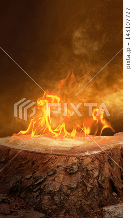 Flames burning on a tree stump against an abstract background of smoke and glowing particles. Smoke and fire background Flames burning on a tree stump against an abstract background of smoke and glowing particles. Smoke and fire background 143107727
