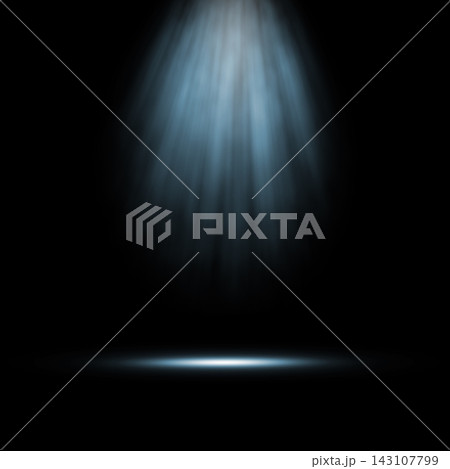 Blue spotlight shining down from above, creating a bright beam of light on a dark stage floor. Light background Blue spotlight shining down from above, creating a bright beam of light on a dark stage floor. Light background 143107799