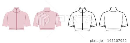 Cropped high neck top with short sleeves and center zipper closure. Technical fashion illustration in black and white Cropped high neck top with short sleeves and center zipper closure. Technical fashion illustration in black and white 143107922