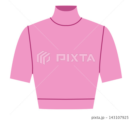Pink cropped high neck top with short sleeves and fitted waist. Technical fashion illustration front view in flat color Pink cropped high neck top with short sleeves and fitted waist. Technical fashion illustration front view in flat color 143107925