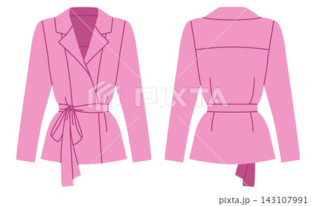 Pink wrap shirt with long sleeves, collar neckline and belt waist detail. Technical fashion illustration in flat color, front and back views, fitted silhouette, modern apparel design. 143107991