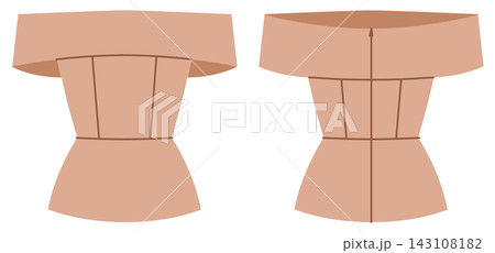 Beige corset off shoulder top with structured seams and fitted waist shaping. Technical fashion illustration in flat color, front and back views, clean silhouette, modern apparel design. Beige corset off shoulder top with structured seams and fitted waist shaping. Technical fashion illustration in flat color, front and back views, clean silhouette, modern apparel design. 143108182