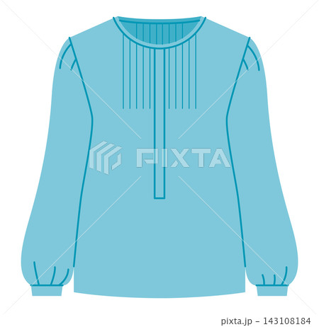 Blue blouse with round neckline and pintuck detailing on upper chest. Technical fashion illustration front view in flat color, clean silhouette, relaxed clothing template. Blue blouse with round neckline and pintuck detailing on upper chest. Technical fashion illustration front view in flat color, clean silhouette, relaxed clothing template. 143108184