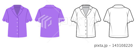 Short sleeve shirt with soft flutter sleeves, collar neckline and button closure. Technical fashion illustration in black and white and color, front and back views, clean contour, feminine silhouette 143108220