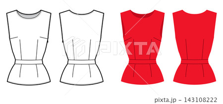 Structured sleeveless top with fitted waist shaping and clean peplum hem. Technical fashion illustration in black and white and color, front and back views, clean contour, modern silhouette, apparel 143108222