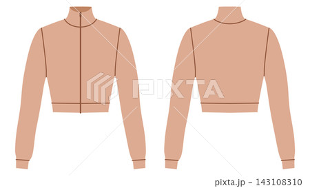 Beige cropped high neck top with long sleeves and fitted waist. Technical fashion illustration in flat color, front Beige cropped high neck top with long sleeves and fitted waist. Technical fashion illustration in flat color, front 143108310