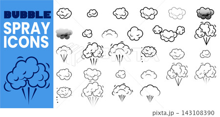 Spray Mist Bubble Cloud Burst Icon Set Flat Vector Aerosol Steam Vapour Fog Particle Effect Symbol Graphic Bundle 143108390