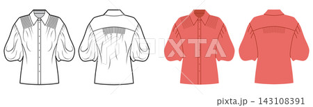 Structured shirt with puff sleeves, pointed collar and button front closure. Technical fashion illustration in black and white and color, front and back views, clean contour, modern silhouette Structured shirt with puff sleeves, pointed collar and button front closure. Technical fashion illustration in black and white and color, front and back views, clean contour, modern silhouette 143108391