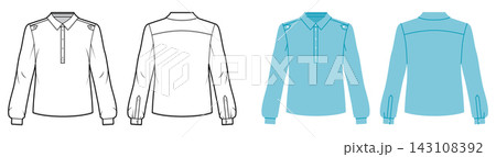 Structured blouse with pointed collar, long sleeves and fitted silhouette, clean panel shaping lines. Technical fashion illustration in black and white and color, front and back views, modern apparel Structured blouse with pointed collar, long sleeves and fitted silhouette, clean panel shaping lines. Technical fashion illustration in black and white and color, front and back views, modern apparel 143108392