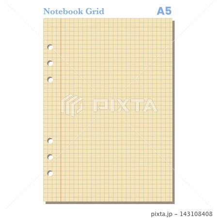 Loose Leaf Paper Sheet A5 yellow notebook Punched Binder Holes Printable Stationery Vector Page Layout Template 143108408
