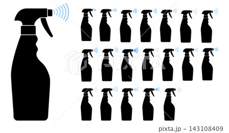 Spray bottle mist pattern icon set trigger cleaner disinfectant aerosol jet fog vector flat design symbol pack Spray bottle mist pattern icon set trigger cleaner disinfectant aerosol jet fog vector flat design symbol pack 143108409