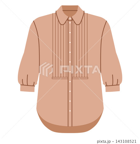 Beige longline shirt with vertical pintuck panel, collar and button closure. Technical fashion illustration front view in flat color, clean silhouette, modern clothing template. 143108521