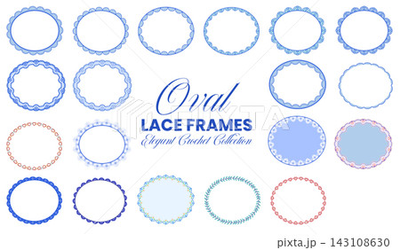 Oval Lace Frame Set Blue Red Heart Leaf Crochet Border Vintage Wedding Card Elegant Vector Illustration Isolated 143108630