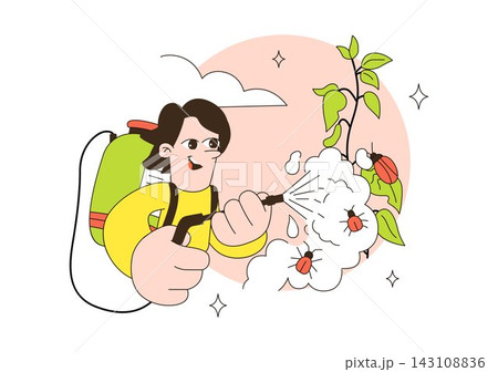 Farmer Spraying Pesticides Vector Illustration featuring Agricultural Worker Treating Crops with a Backpack Sprayer in a Flat Cartoon Farm Scene Farmer Spraying Pesticides Vector Illustration featuring Agricultural Worker Treating Crops with a Backpack Sprayer in a Flat Cartoon Farm Scene 143108836