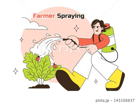 Farmer Spraying Pesticides Vector Illustration featuring Agricultural Worker Treating Crops with a Backpack Sprayer in a Flat Cartoon Farm Scene Farmer Spraying Pesticides Vector Illustration featuring Agricultural Worker Treating Crops with a Backpack Sprayer in a Flat Cartoon Farm Scene 143108837