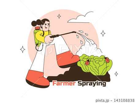 Farmer Spraying Pesticides Vector Illustration featuring Agricultural Worker Treating Crops with a Backpack Sprayer in a Flat Cartoon Farm Scene Farmer Spraying Pesticides Vector Illustration featuring Agricultural Worker Treating Crops with a Backpack Sprayer in a Flat Cartoon Farm Scene 143108838