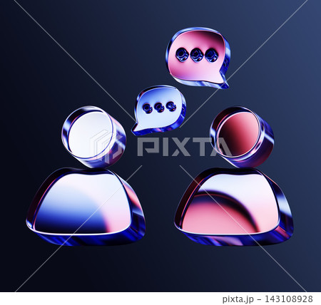 3D glass user profile icons with chat speech bubbles and vibrant blue pink neon glow on dark background. People talking, group discussion, human interaction, dialogue and messaging. 3D illustration 3D glass user profile icons with chat speech bubbles and vibrant blue pink neon glow on dark background. People talking, group discussion, human interaction, dialogue and messaging. 3D illustration 143108928