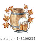 A wooden barrel and a glass mug with beer, a fish snack. Hand drawn watercolor illustration. A beer arrangement decorated with autumn leaves. For Oktoberfest, flyers, posters, invitations, and more. 143109235