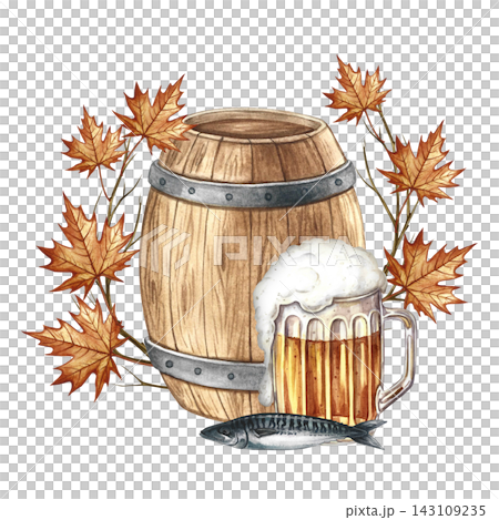 A wooden barrel and a glass mug with beer, a fish snack. Hand drawn watercolor illustration. A beer arrangement decorated with autumn leaves. For Oktoberfest, flyers, posters, invitations, and more. A wooden barrel and a glass mug with beer, a fish snack. Hand drawn watercolor illustration. A beer arrangement decorated with autumn leaves. For Oktoberfest, flyers, posters, invitations, and more. 143109235