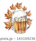 A beer mug decorated with autumn leaves. Hand drawn watercolor illustration. For Oktoberfest, flyers, posters, invitations. For pub or restaurant menus, labels, and much more. 143109236