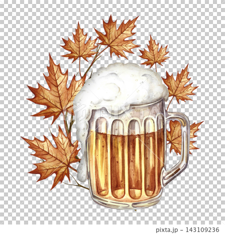 A beer mug decorated with autumn leaves. Hand drawn watercolor illustration. For Oktoberfest, flyers, posters, invitations. For pub or restaurant menus, labels, and much more. A beer mug decorated with autumn leaves. Hand drawn watercolor illustration. For Oktoberfest, flyers, posters, invitations. For pub or restaurant menus, labels, and much more. 143109236