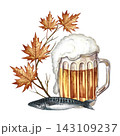 A mug of beer, a fish snack. Hand drawn watercolor illustration. Decorated with autumn leaves. For Oktoberfest, flyers, posters, invitations. For pub menus and much more. 143109237