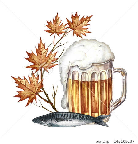 A mug of beer, a fish snack. Hand drawn watercolor illustration. Decorated with autumn leaves. For Oktoberfest, flyers, posters, invitations. For pub menus and much more. 143109237