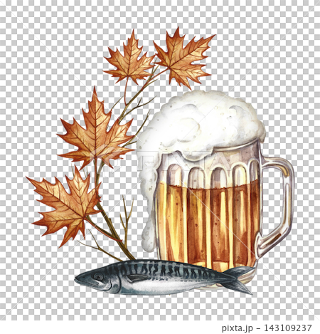 A mug of beer, a fish snack. Hand drawn watercolor illustration. Decorated with autumn leaves. For Oktoberfest, flyers, posters, invitations. For pub menus and much more. 143109237