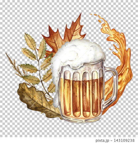 A mug with beer and autumn leaves, and a splash of beer. Hand drawn watercolor illustration. For Oktoberfest, flyers, posters, invitations. For pub or restaurant menus, labels, and much more. 143109238