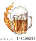 A glass mug with beer and a splash of beer. A hand drawn watercolor illustration. A design element for flyers, posters, party invitations. For a pub or restaurant menu, labels, and much more. 143109239