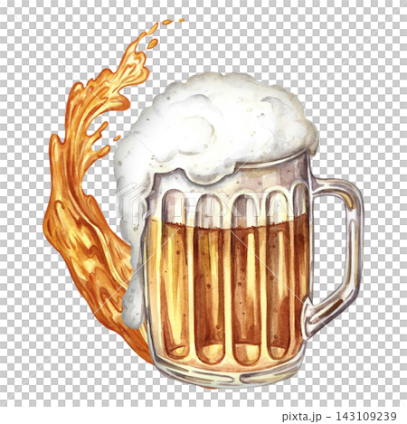 A glass mug with beer and a splash of beer. A hand drawn watercolor illustration. A design element for flyers, posters, party invitations. For a pub or restaurant menu, labels, and much more. A glass mug with beer and a splash of beer. A hand drawn watercolor illustration. A design element for flyers, posters, party invitations. For a pub or restaurant menu, labels, and much more. 143109239