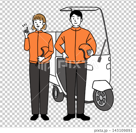 A young man and woman are delivery staff standing in front of a motorcycle. A young man and woman are delivery staff standing in front of a motorcycle. 143109891
