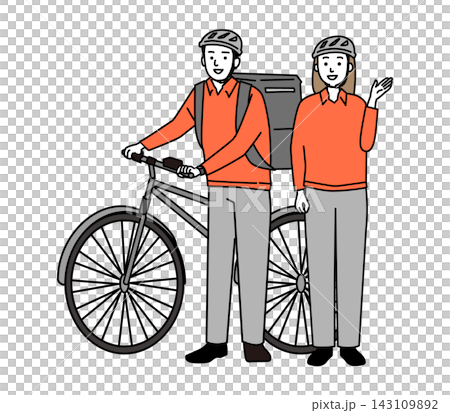 站在自行車前的送貨員:一名年輕男子和一名年輕女子。 站在自行車前的送貨員:一名年輕男子和一名年輕女子。 143109892