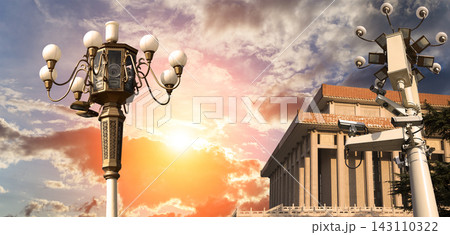 Mausoleum of Mao Zedong and street lamp (against the sunset), Tiananmen Square, Beijing, China 143110322