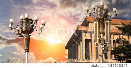 Mausoleum of Mao Zedong and street lamp (against the sunset), Tiananmen Square, Beijing, China 143110343