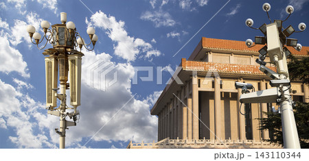 Mausoleum of Mao Zedong and street lamp (against the background of a beautiful sky with clouds), Tiananmen Square, Beijing, China 143110344