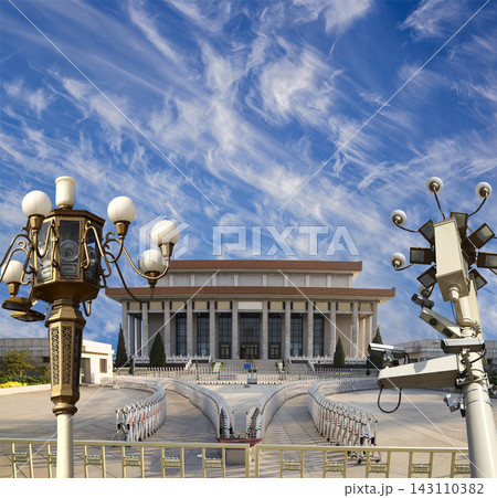 Mausoleum of Mao Zedong and street lamp (against the background of a beautiful sky with clouds), Tiananmen Square, Beijing, China Mausoleum of Mao Zedong and street lamp (against the background of a beautiful sky with clouds), Tiananmen Square, Beijing, China 143110382