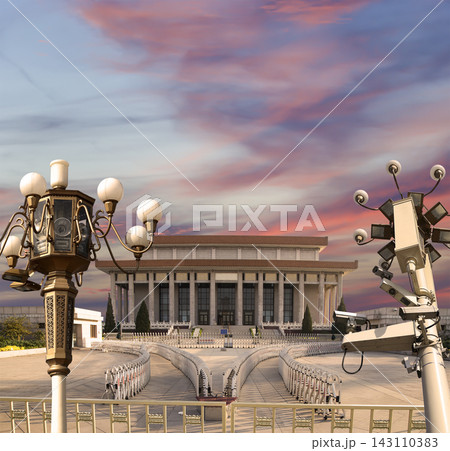 Mausoleum of Mao Zedong and street lamp (against the sunset), Tiananmen Square, Beijing, China 143110383