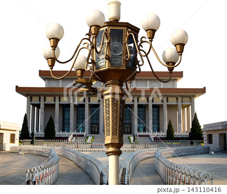 Mausoleum of Mao Zedong and street lamp (carved, on white background), Tiananmen Square, Beijing, China Mausoleum of Mao Zedong and street lamp (carved, on white background), Tiananmen Square, Beijing, China 143110416