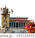 Mausoleum of Mao Zedong with street lamp and huge flower basket (carved, on white background), Tiananmen Square, Beijing, China 143110418
