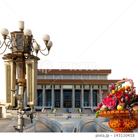 Mausoleum of Mao Zedong with street lamp and huge flower basket (carved, on white background), Tiananmen Square, Beijing, China Mausoleum of Mao Zedong with street lamp and huge flower basket (carved, on white background), Tiananmen Square, Beijing, China 143110418
