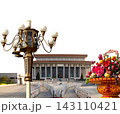 Mausoleum of Mao Zedong with street lamp and huge flower basket (carved, on white background), Tiananmen Square, Beijing, China 143110421