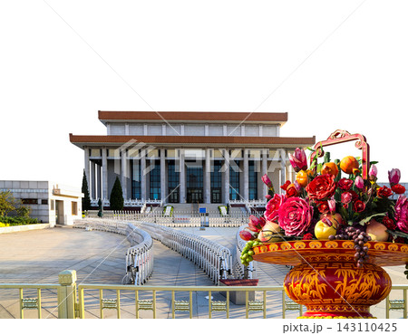 Mausoleum of Mao Zedong and huge flower basket (carved, on white background), Tiananmen Square, Beijing, China Mausoleum of Mao Zedong and huge flower basket (carved, on white background), Tiananmen Square, Beijing, China 143110425